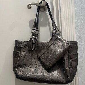 Coach Embossed Silver purse and wristlet to match